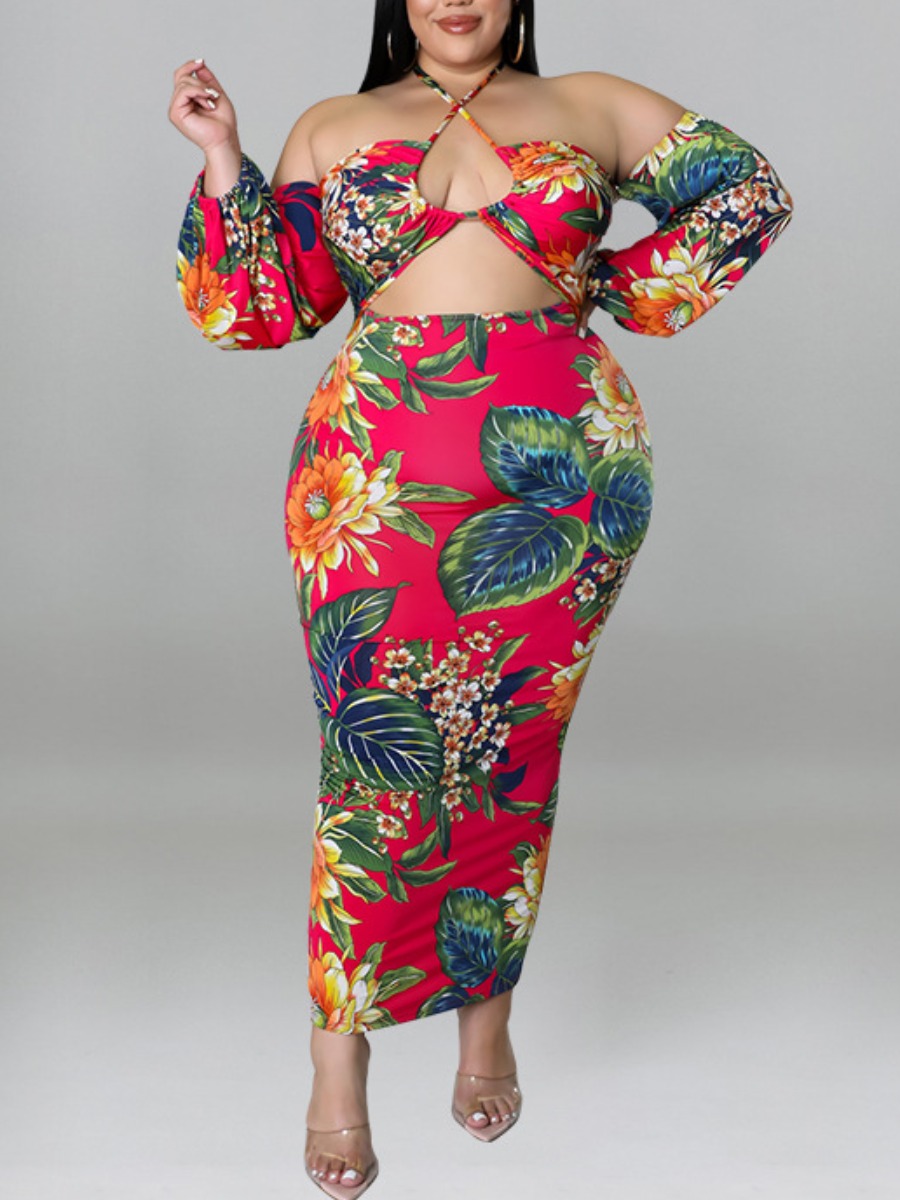 

LW SXY Plus Size Off The Shoulder Floral Print Dress, Red