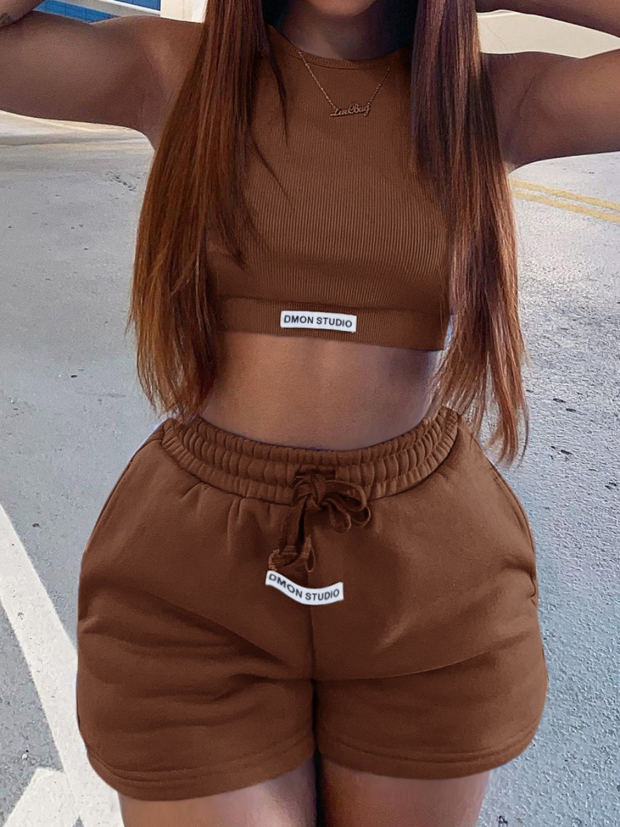 

LW Crop Top Drawstring Shorts Set, Coffee