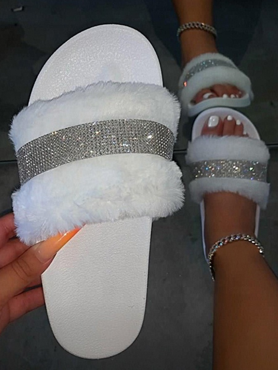 

LW Rhinestone Plush Slides, White