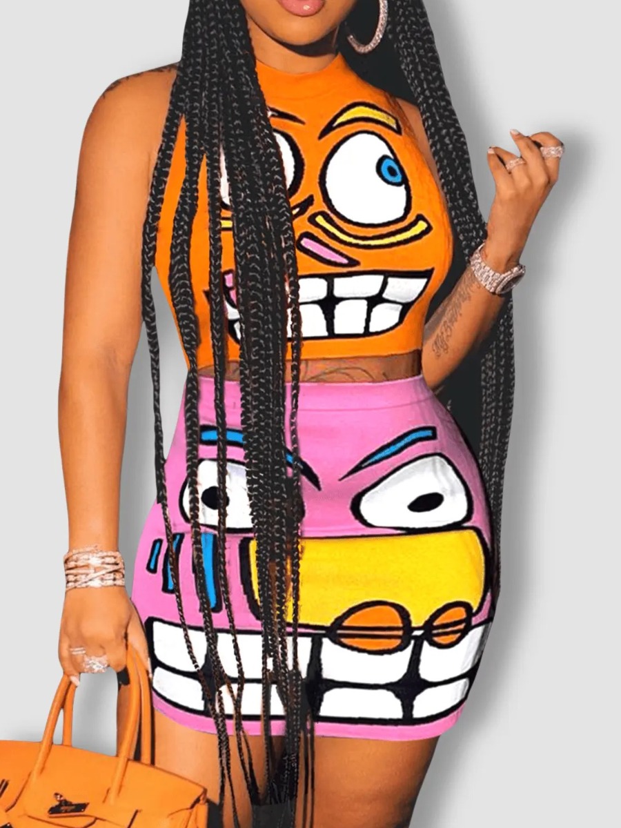 

LW Crop Top Cartoon Print Skirt Set, Pink