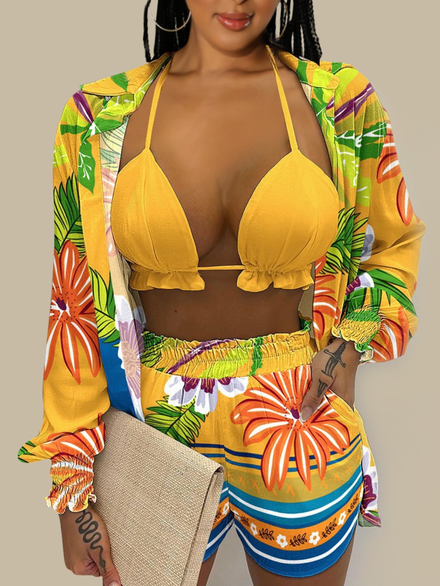 

LW Floral Print Shirred Three-piece Shorts Set, Yellow