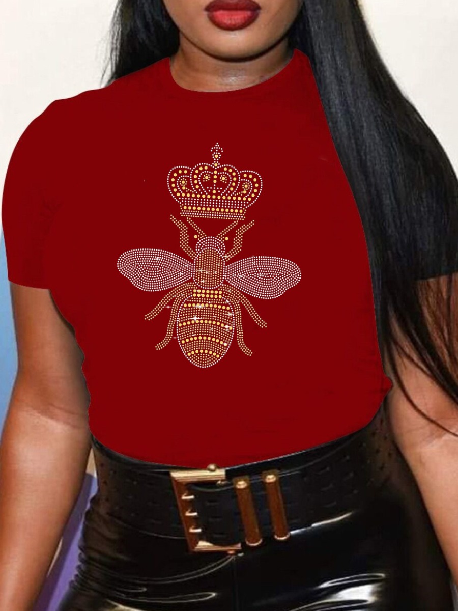 

LW Plus Size Rhinestone Crown Queen Bee T-shirt, Wine red