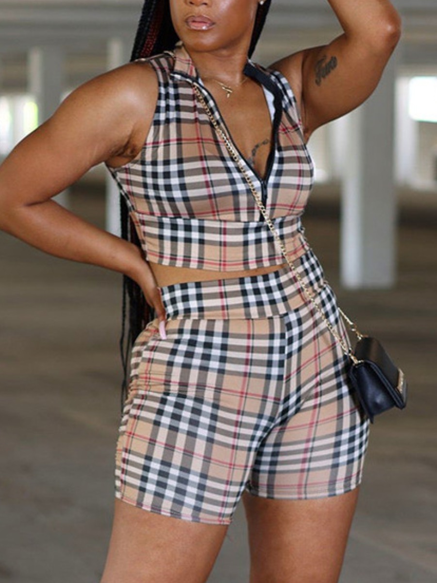 

LW Crop Top Plaid Print Shorts Set, Khaki
