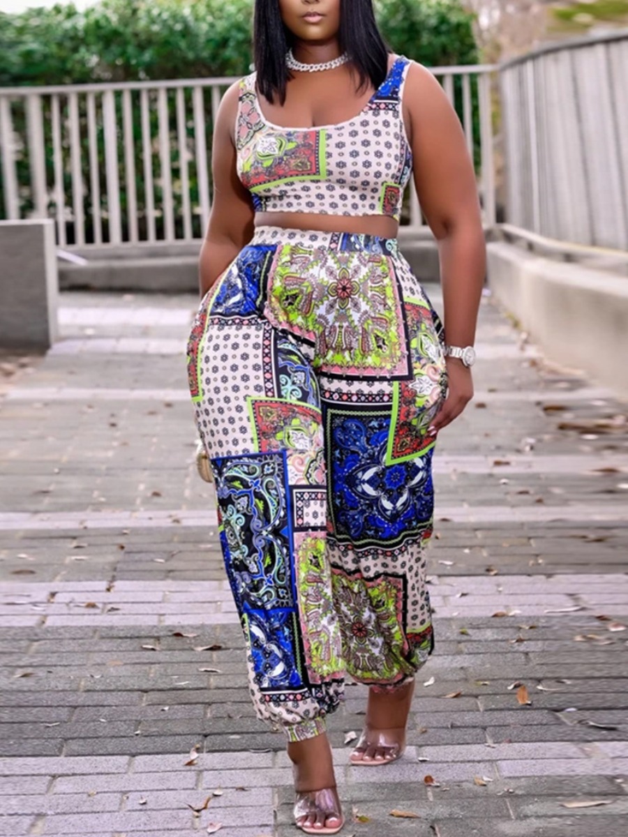 

LW Plus Size Crop Top Mixed Print Pants Set, Blue