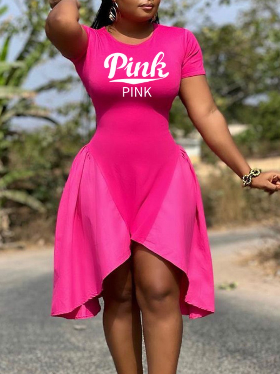 

LW SXY Plus Size Pink Letter Print Ruffle Design Dress