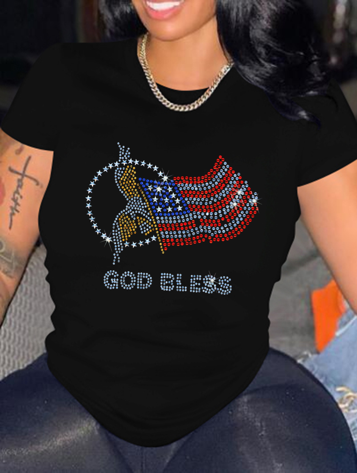 

LW Rhinestone American Flag Letter T-shirt, Black