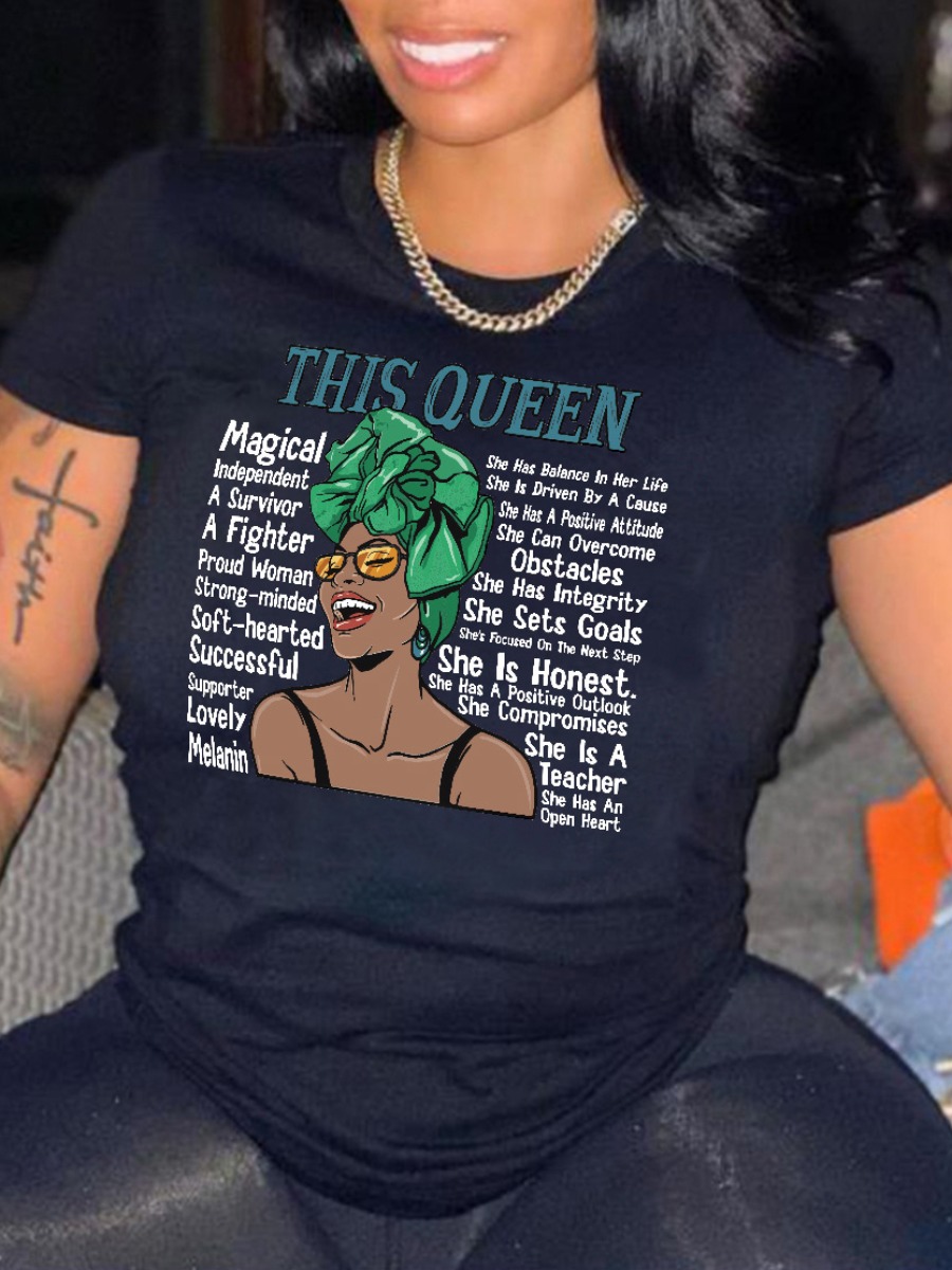 

LW BASICS Queen Figure Letter Print T-shirt, Black