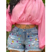 LW Raw Edge Bead Decor Denim Shorts