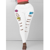LW Letter Lip Print Ripped Jeans