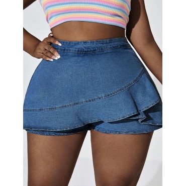 

LW SXY Plus Size Mid-Waist Ruffle Hem High Stretchy Denim Shorts, Blue