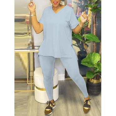 

LW Plus Size V Neck Split Pants Set, Baby blue