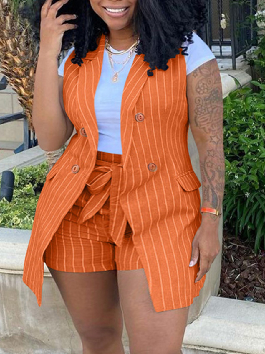 LovelyWholesale Plus Size Striped Bandage Design Blazer Shorts Set (Without T-shirt) Summer Sleeveless Business Bandage Design Spring Summer 2024