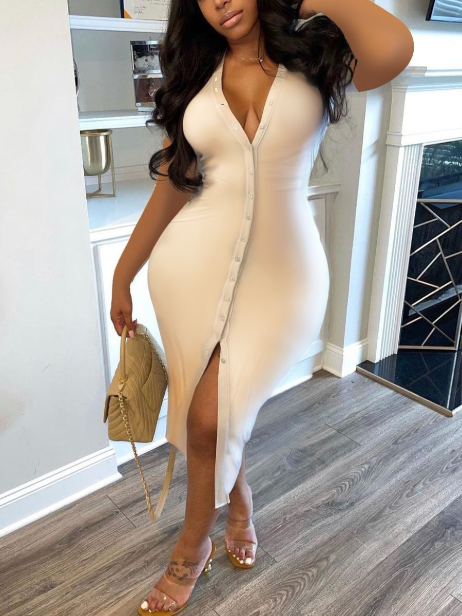 LW Plus Size V Neck Button Design Dress