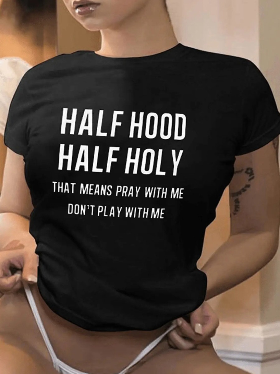 LovelyWholesale Plus Size Half Hood Letter Print T-shirt Summer Short Sleeve Casual Round Neck  5X Spring Summer 2024