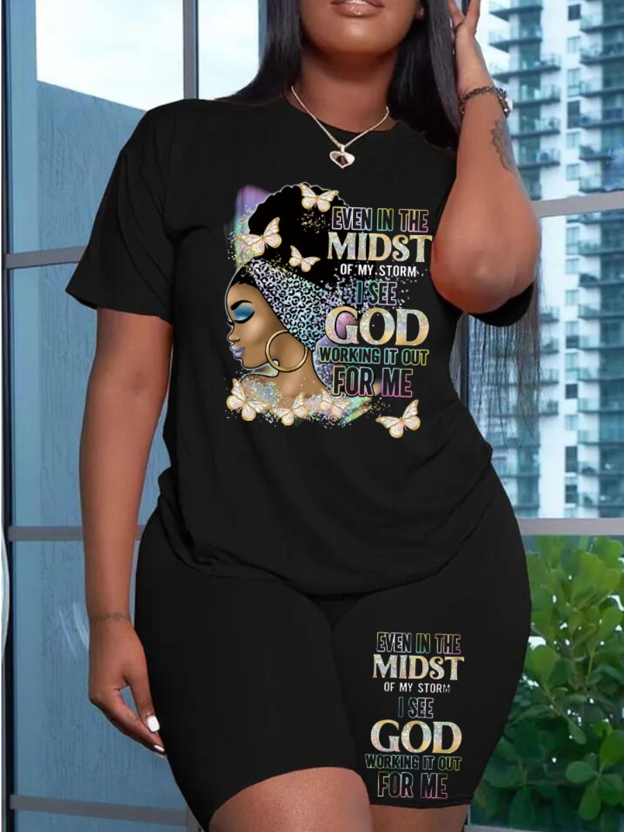 LovelyWholesale Figure Butterfly Letter Print Shorts Set Summer Short Sleeve Casual Round Neck Spring Summer 2024