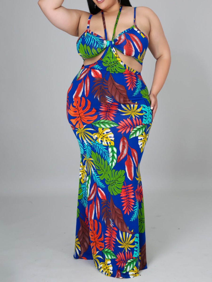 

LW Plus Size Floral Print Cut Out Mermaid Dress, Blue