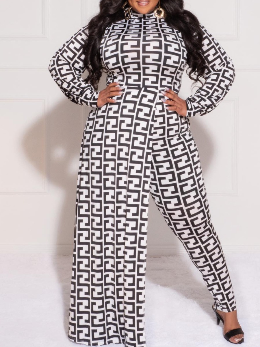 LovelyWholesale Plus Size Geometric Print Overlay Skirt Jumpsuit Fall Long Sleeve Business Basic Mock Neck  4X Spring Summer 2024