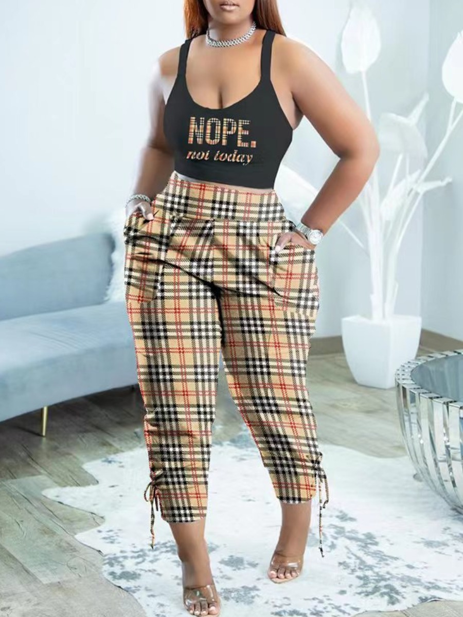 LW Plus Size Plaid Letter Print Bandage Design Pan