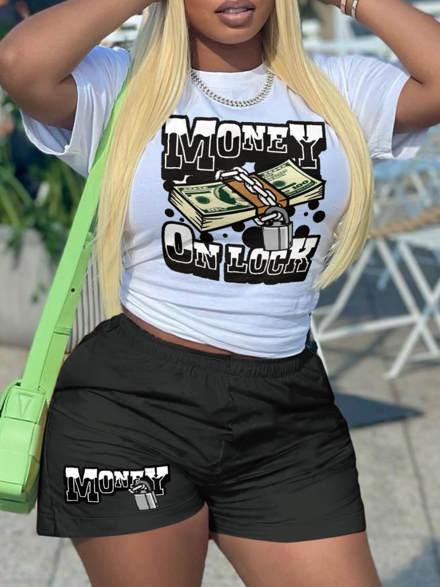 LovelyWholesale Plus Size Money Letter Print Shorts Set Summer Short Sleeve Casual Basic Round Neck  5X Spring Summer 2024