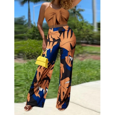 

LW Floral Print Bandage Design Wide Leg Pants Set, Blue