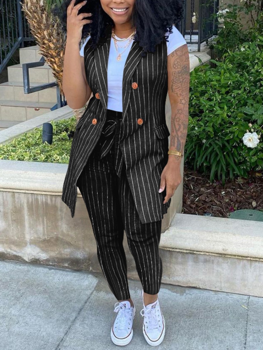 LovelyWholesale Plus Size Striped With Belt Blazer Pants Set (Without T-shirt) Spring Sleeveless Business Bandage Design Lapel Spring Summer 2024