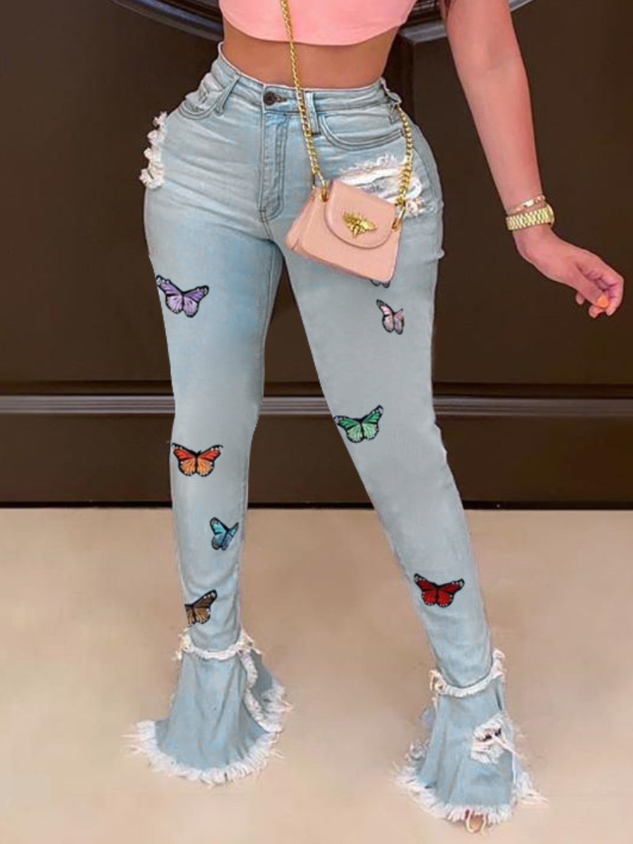 LW Butterfly Print Ripped Flared Jeans