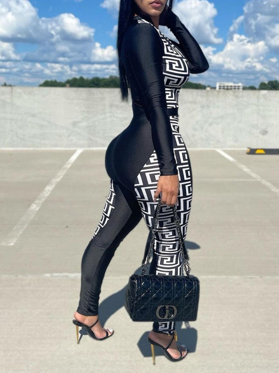 LW Geometric Print Zipper Design Pants Set