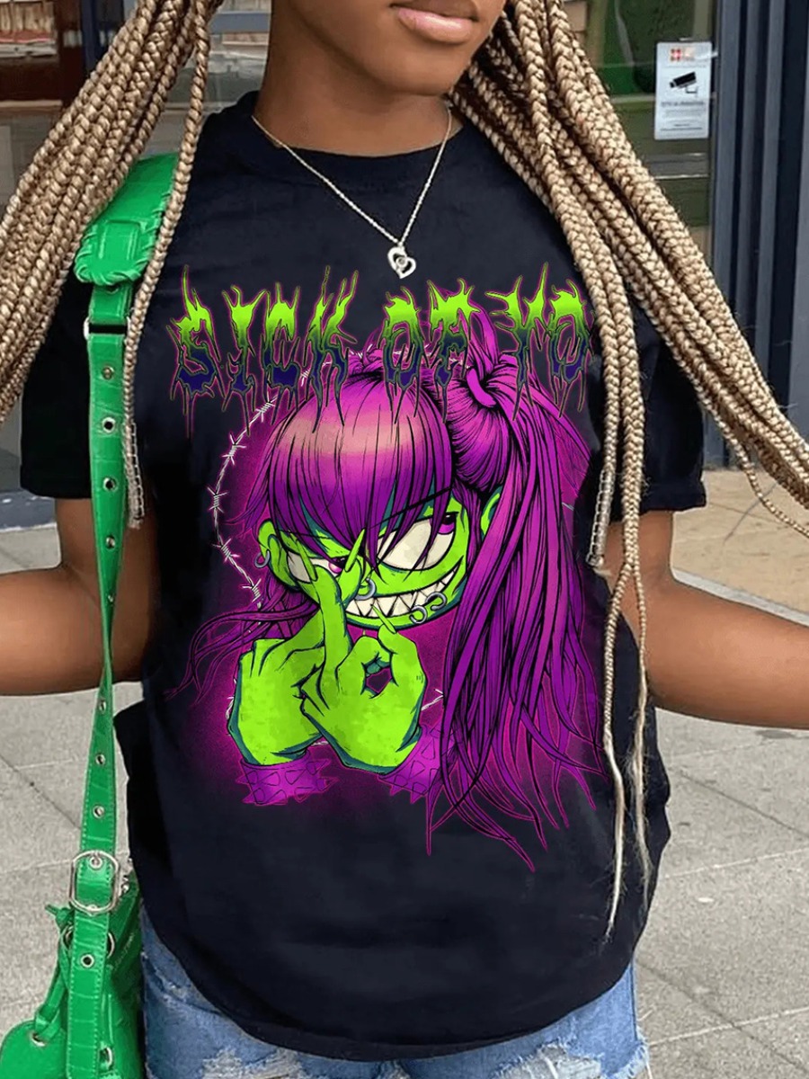 LovelyWholesale Round Neck Cartoon Print T-shirt Summer Short Sleeve Casual Round Neck Spring Summer 2024