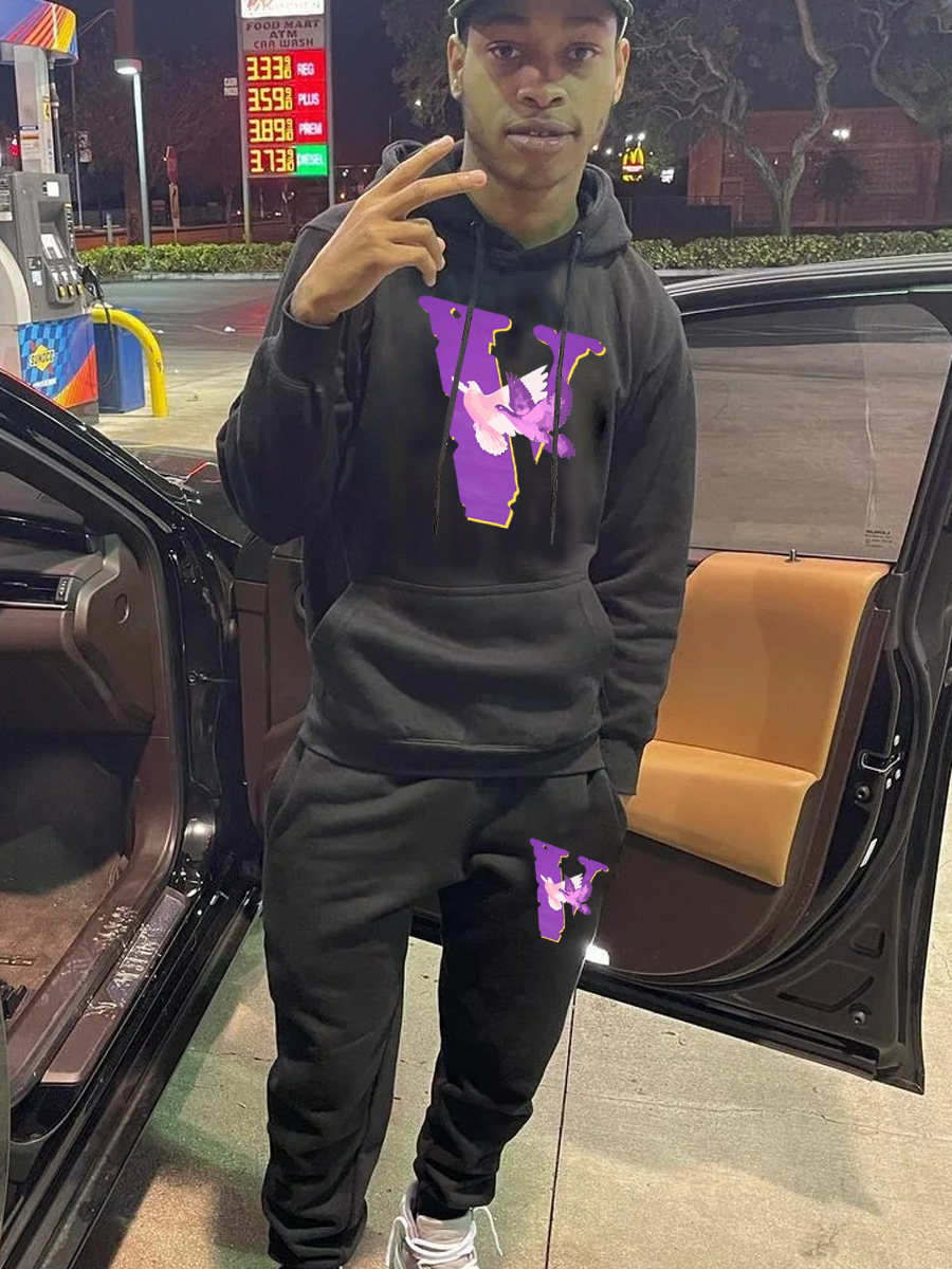 LW Men Letter Print Kangaroo Pocket Tracksuit Set
