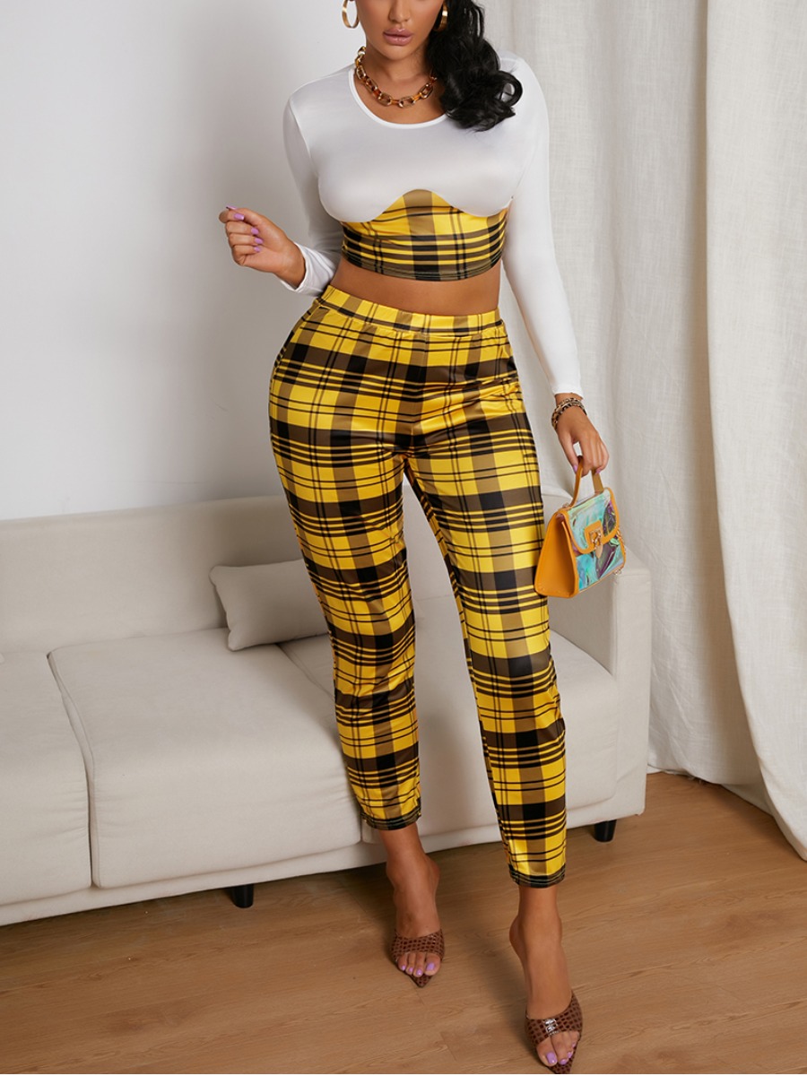 LW Plaid Print Crop Top Pants Set