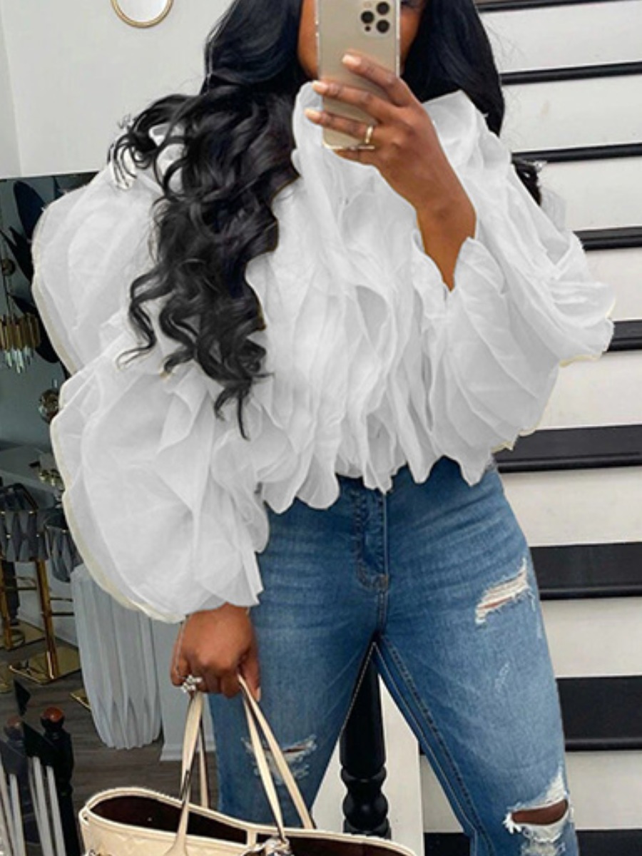 LovelyWholesale Plus Size Fold Design Mesh Blouse Spring|Fall Elegant Ruched Round Neck  5X Spring Summer 2024