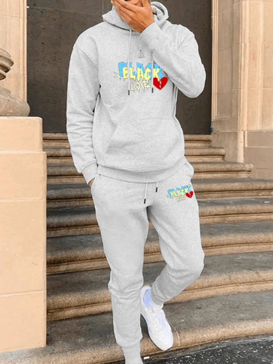 LW Men Letter Print Kangaroo Pocket Tracksuit Set