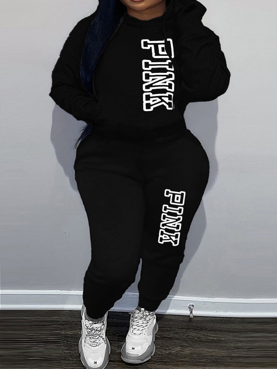 LovelyWholesale Plus Size Pink Letter Print Kangaroo Pocket Tracksuit Set Fall Long Sleeve Casual Hooded Collar  5X Spring Summer 2024