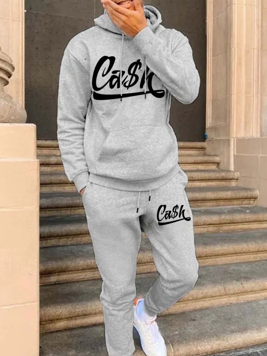 LW Men Letter Print Kangaroo Pocket Tracksuit Set