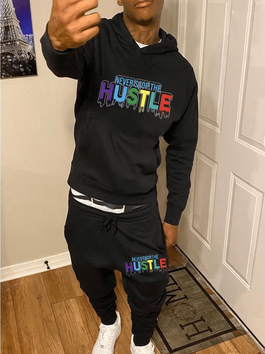 LovelyWholesale Men Hustle Letter Print Tracksuit Set Fall Long Sleeve Casual Pocket Design Hooded Collar Spring Summer 2024