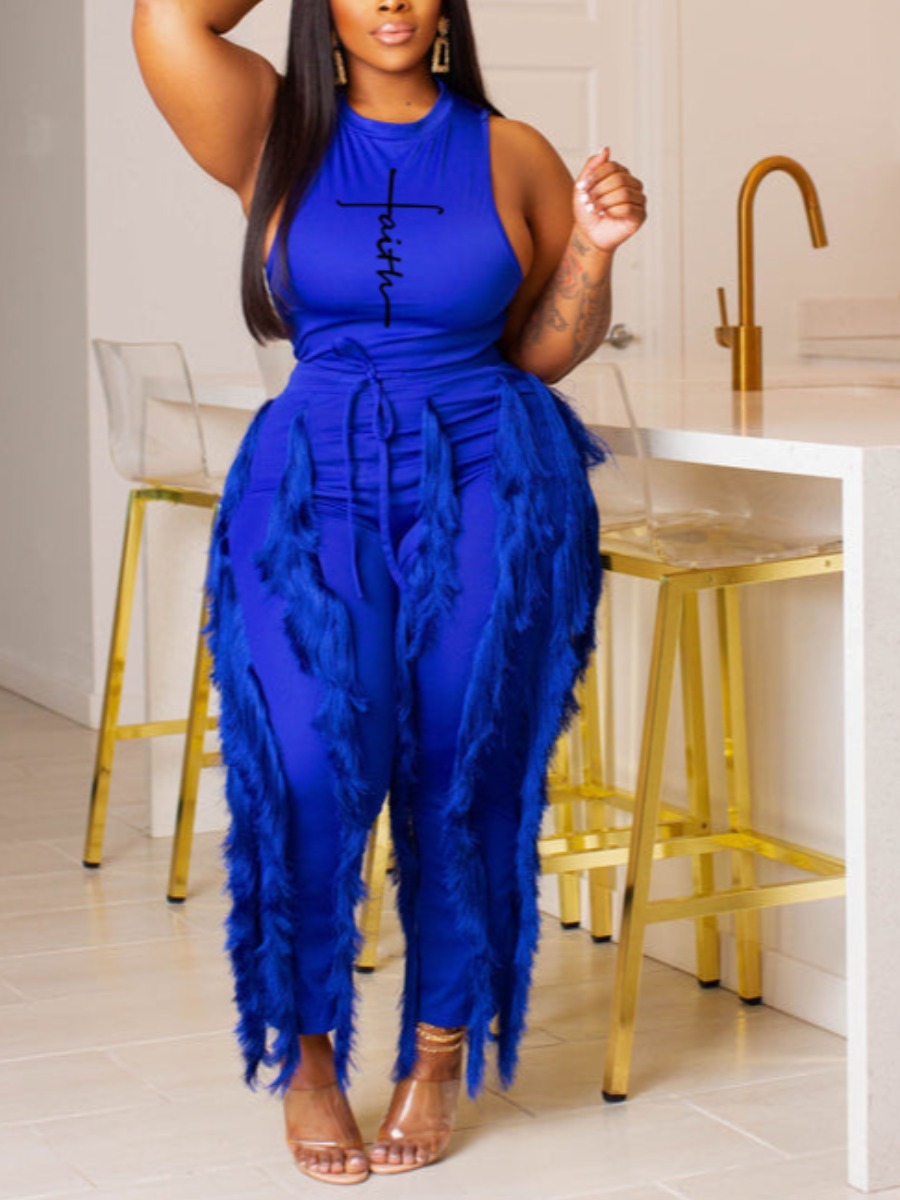 LW Plus Size Faith Letter Print Tassel Design Pants Set