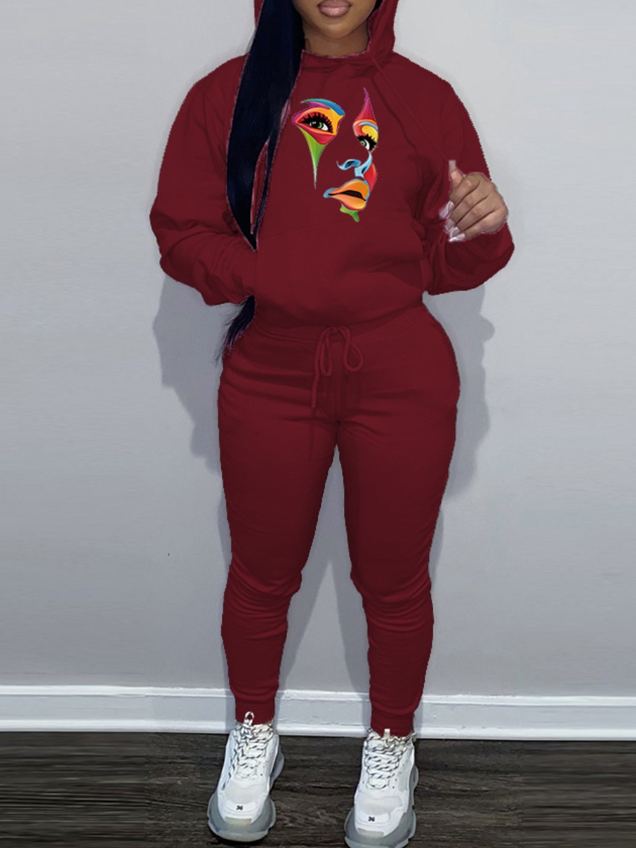 LovelyWholesale Figure Print Kangaroo Pocket Tracksuit Set Fall Long Sleeve Casual Pattern Hooded Collar Spring Summer 2024