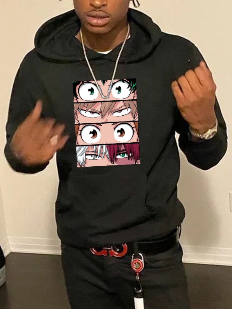 LW Men Hisoka Cartoon Print Kangaroo Pocket Hoodie
