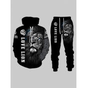 LW Men Lion Letter Print Kangaroo Pocket Tracksuit