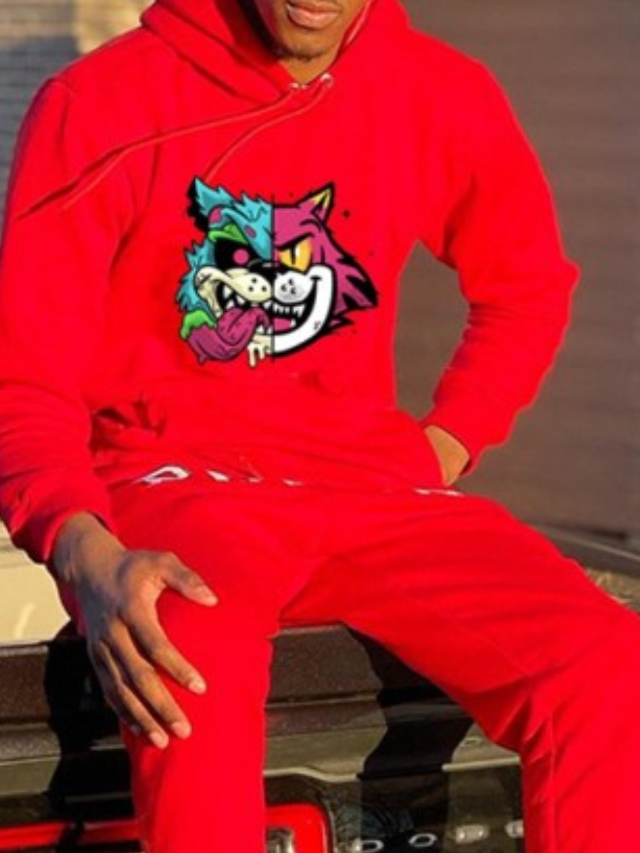 LW Men Cartoon Print Kangaroo Pocket Hoodie
