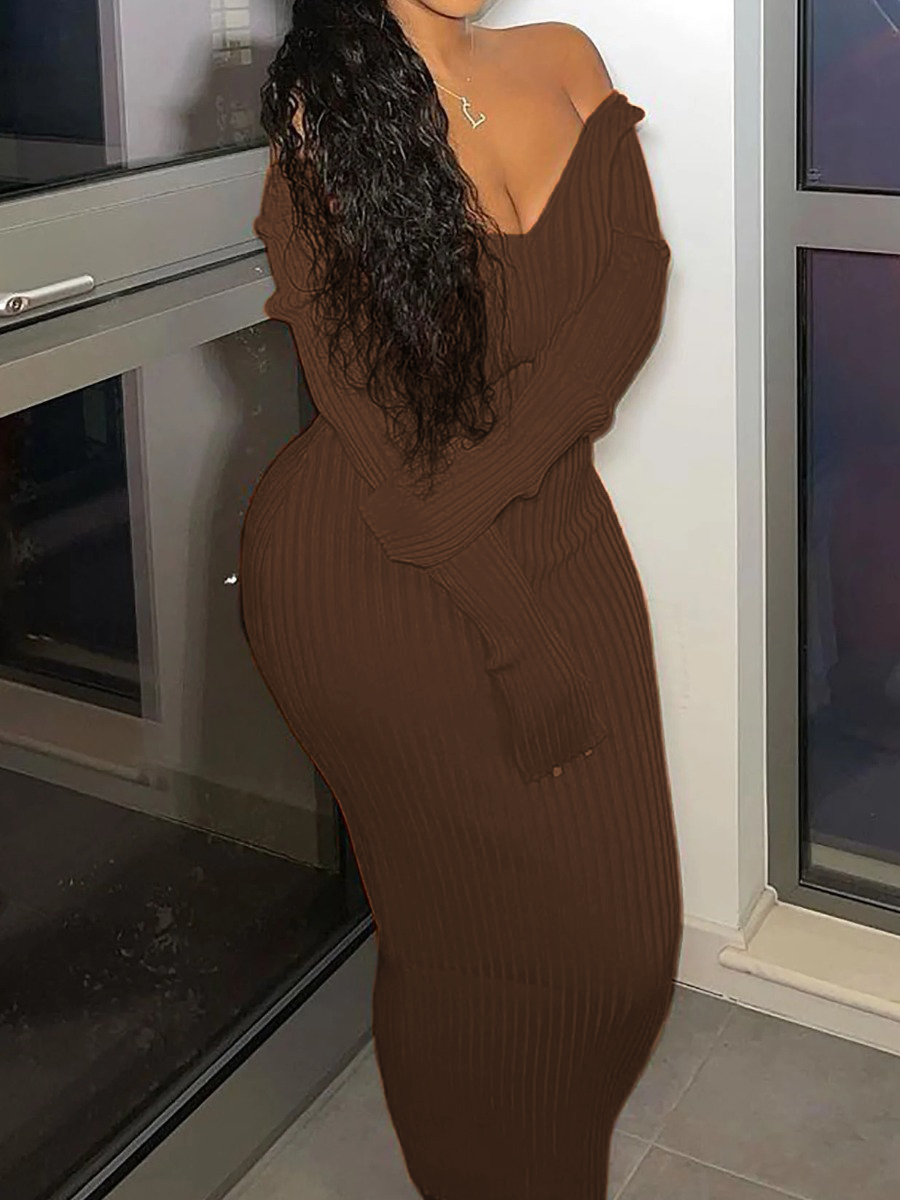 LW BASICS Off The Shoulder Rib Knit Bodycon Dress