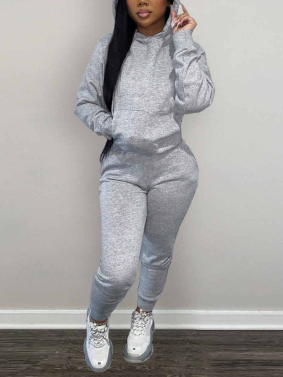 LW BASICS Hooded Collar Kangaroo Pocket Tracksuit Set