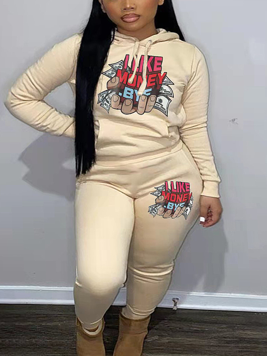 LovelyWholesale Plus Size Money Letter Print Kangaroo Pocket Tracksuit Set Fall Long Sleeve Casual Pocket Design Hooded Collar  Spring Summer 2024