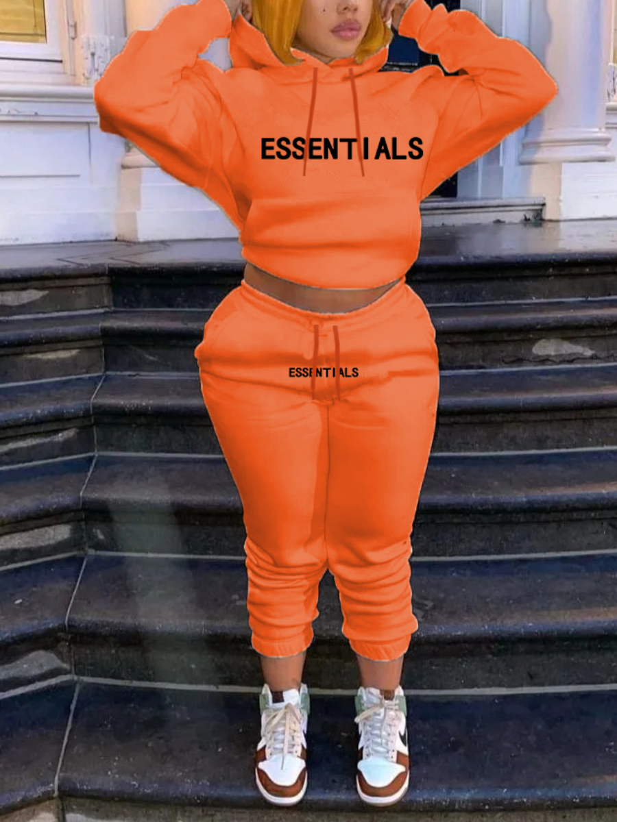 LW Essentials Letter Print Kangaroo Pocket Tracksuit Set
