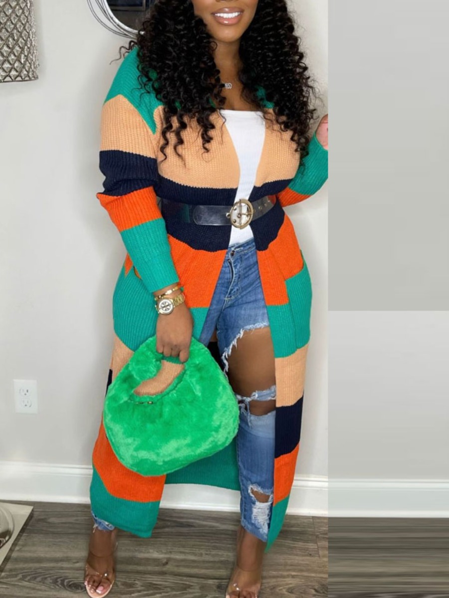 LovelyWholesale Plus Size Rib Knit Striped Trench Coat Fall Casual Pocket Design  5X Spring Summer 2024