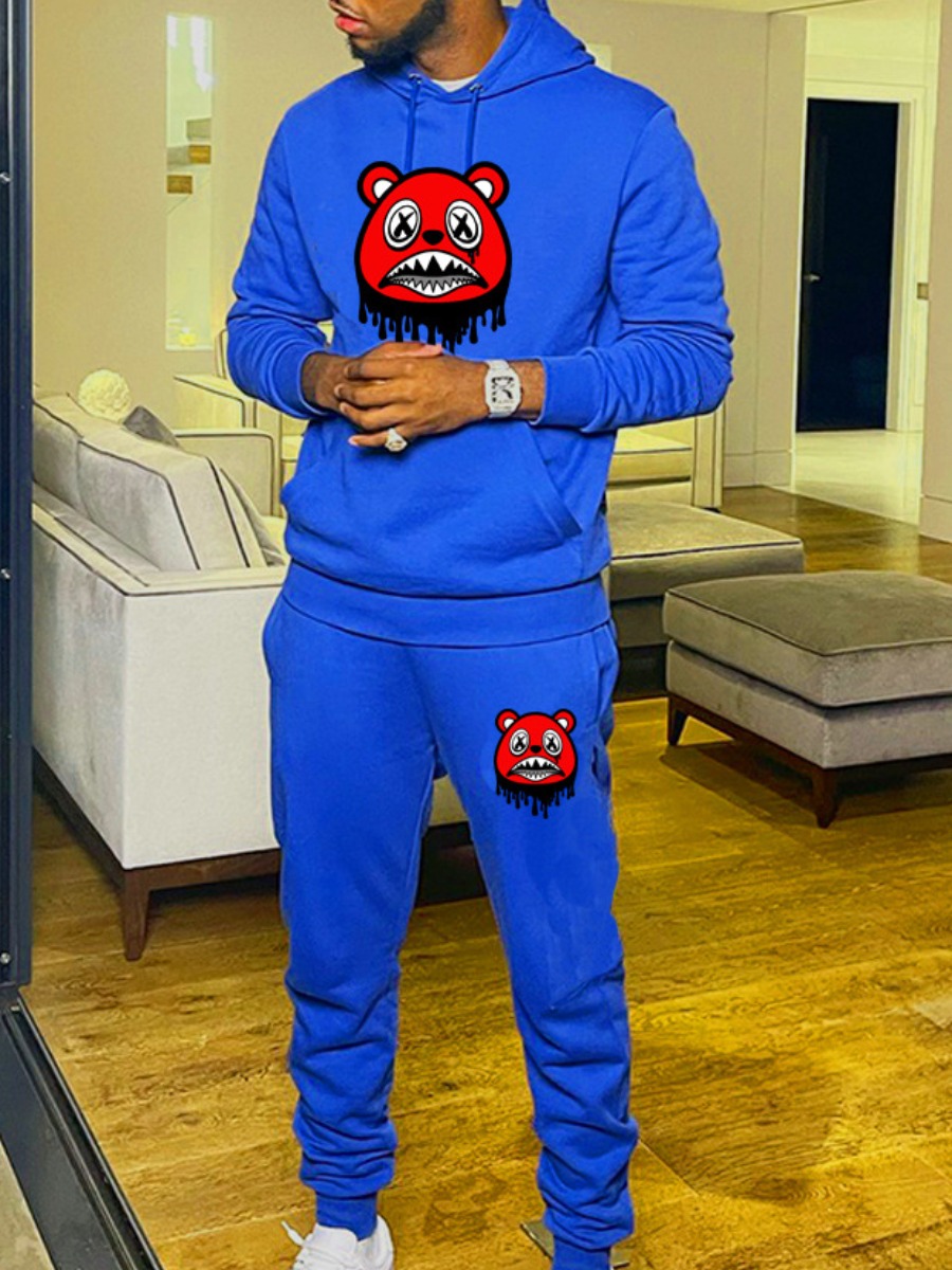 LW Men Cartoon Print Kangaroo Pocket Tracksuit Set