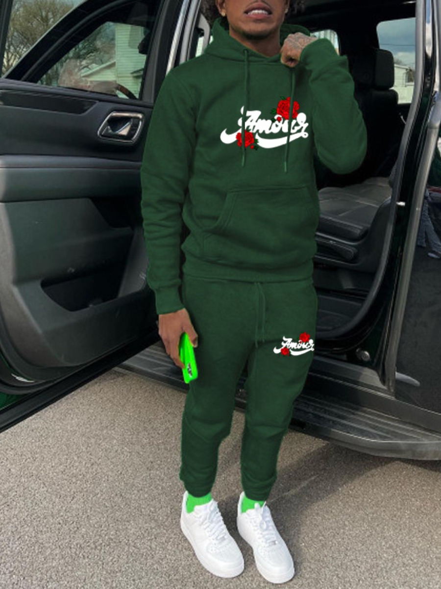 LW Men Rose Flower Letter Print Tracksuit Set
