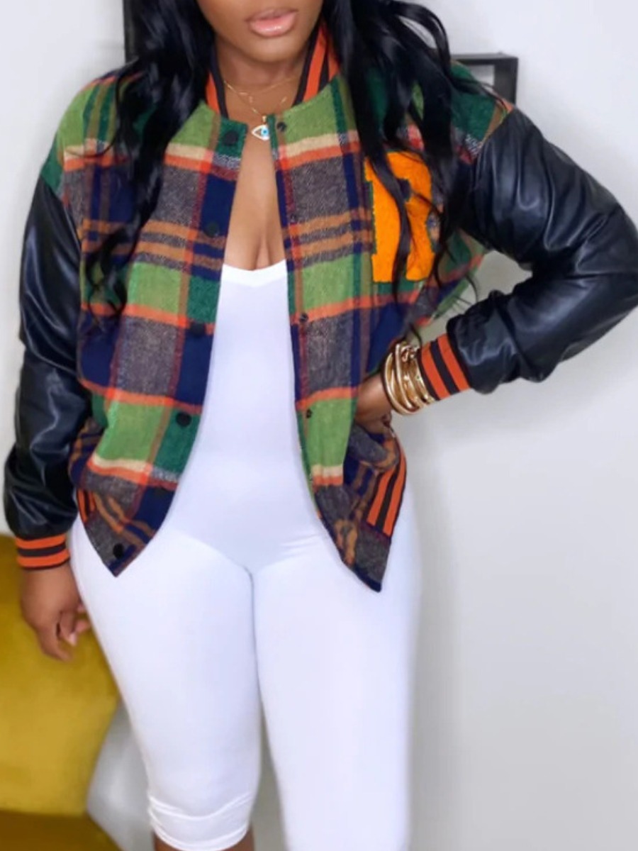 LW COTTON Plus Size Faux Leather Plaid Print Jacke