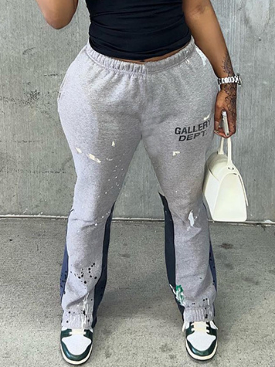 LovelyWholesale Splash Ink Letter Print Sweatpants Spring|Fall Nine Points Sleeve Spring Summer 2024