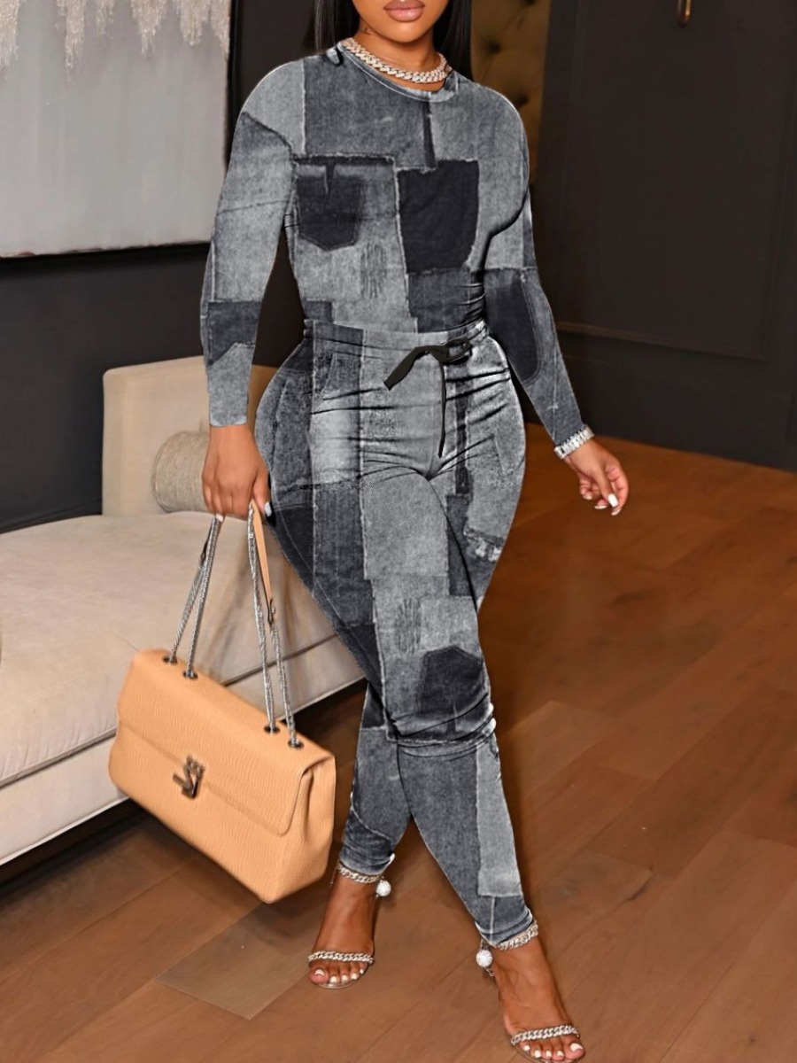 LovelyWholesale Plus Size Imitation Denim Drawstring Pants Set Fall Long Sleeve Casual Bandage Design Round Neck  5X Spring Summer 2024